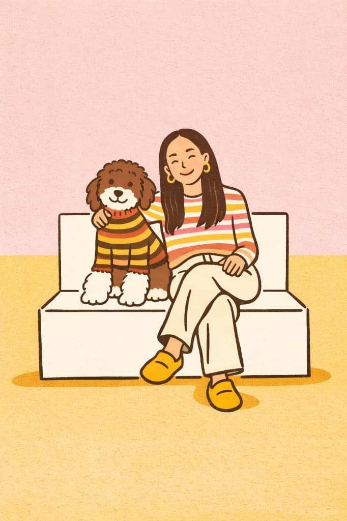 Illustration of Tiffany Huang and her dog sitting on a bench